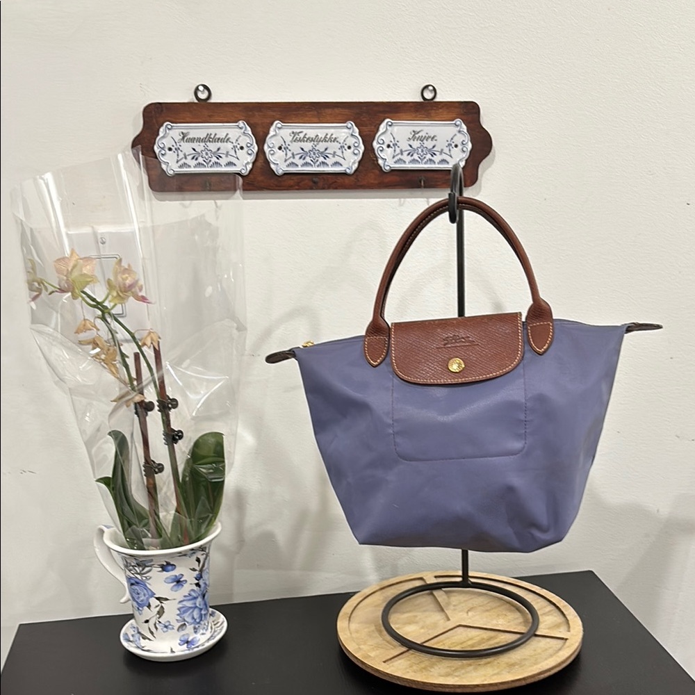 Longchamp Blue Brown Women's small tote nylon leather GUC